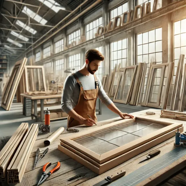 Un uomo sta lavorando su un telaio di finestra in legno in una fabbrica.
