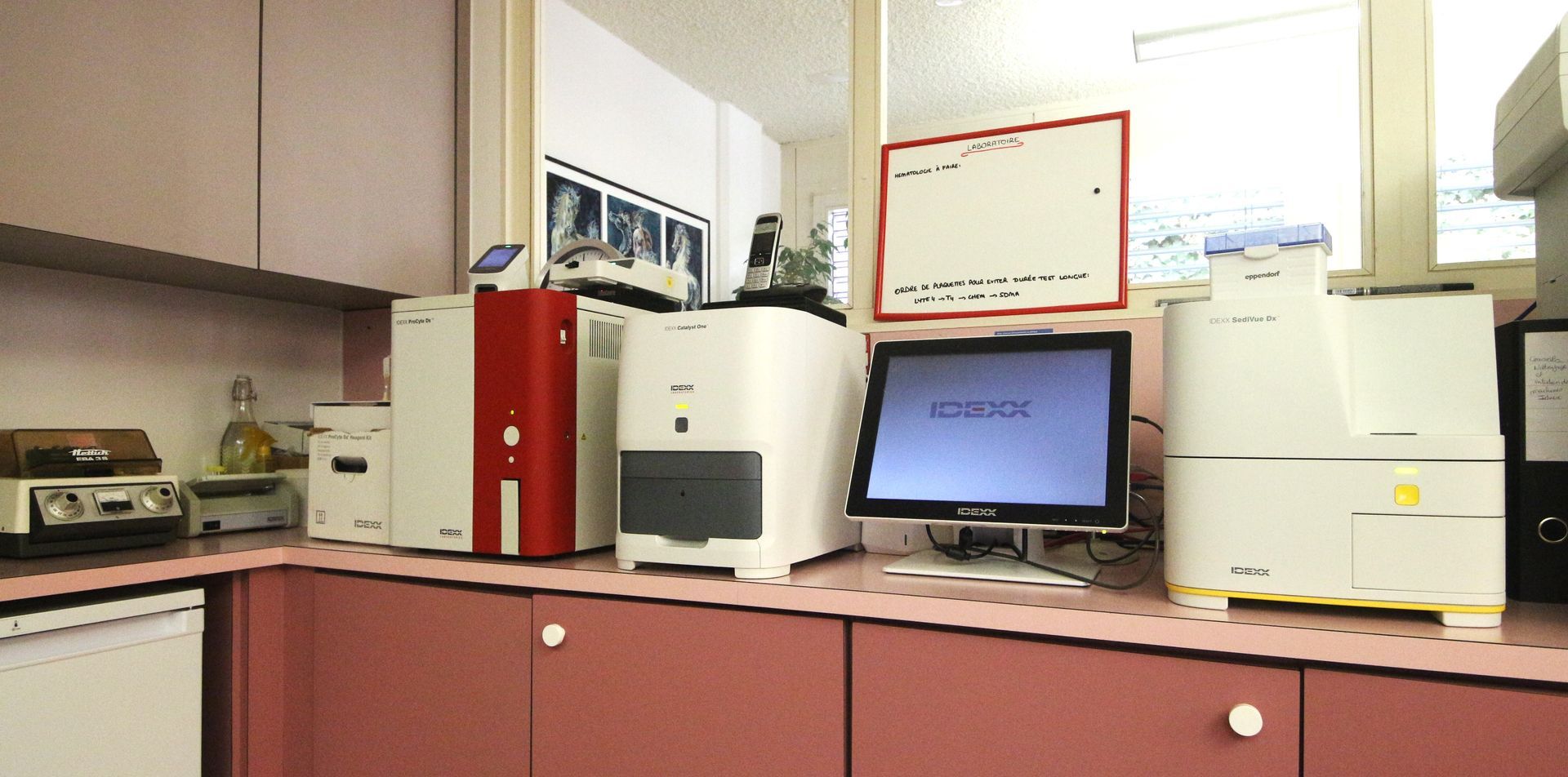 Matériel médical sur une table : sérum physiologique, tubes, flacons pulvérisateurs et bacs bleus dans un environnement médical.