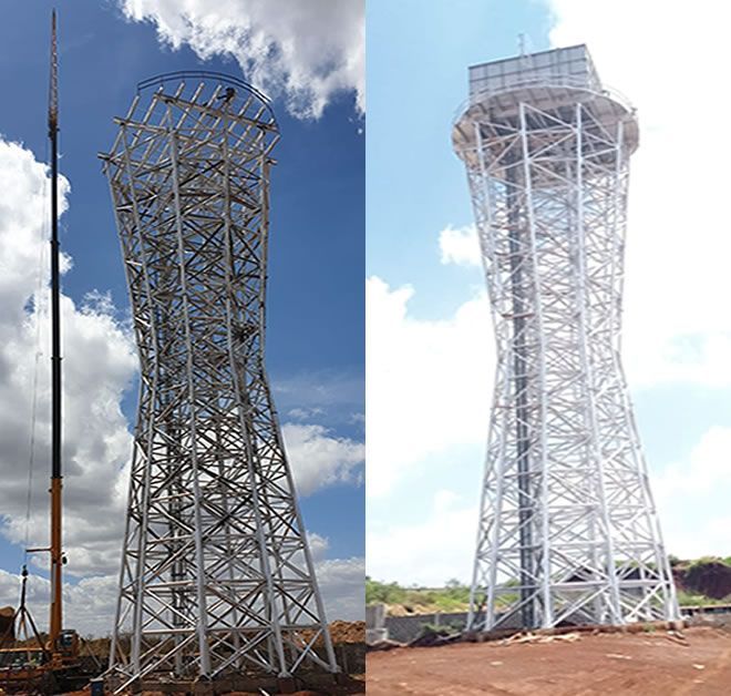 two pictures of a metal tower under construction .
