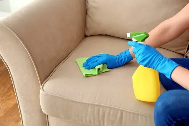 Una persona está limpiando un sofá con un paño y una botella de spray.