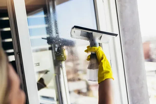 Una mujer está limpiando una ventana con una escobilla de goma y una botella de spray.