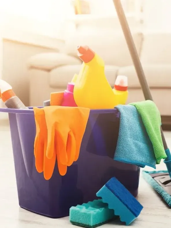 Un balde lleno de productos de limpieza está en el suelo en una sala de estar.