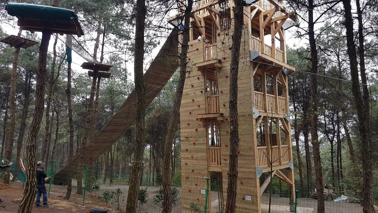 Tour en bois placée dans un parc d'aventure en forêt