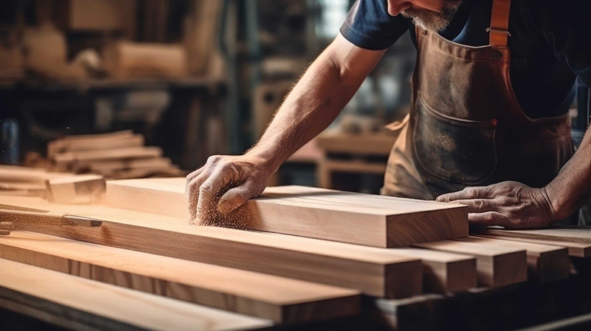 Un menuisier mesure des planches empilées sur un établi dans un atelier