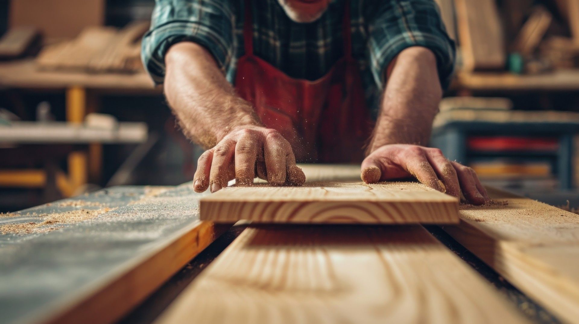 Un menuisier rabote une planche sur un établi dans un atelier