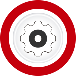 Cercle rouge avec une icône d'engrenage grise au centre, ressemblant à un symbole de paramètres
