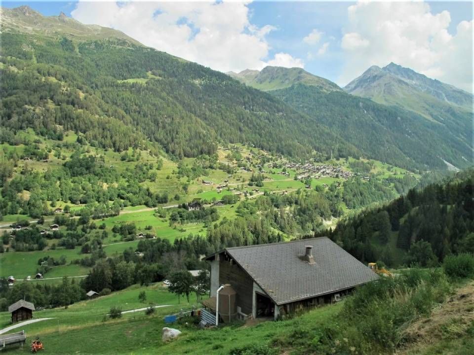 Ein rustikales Haus liegt an einem üppig grünen Berghang und überblickt ein Tal mit einem Dorf und dichten Kiefernwäldern.