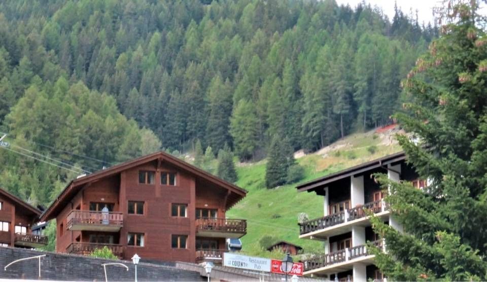 Zwei hölzerne Gebäude im alpinen Stil, eingebettet am Fusse eines bewaldeten Berghangs.
