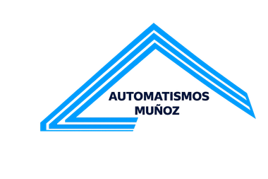 Logo azul y negro de AUTOMATISMOS MU&Ntilde;OZ con l&iacute;neas geom&eacute;tricas en forma de techo