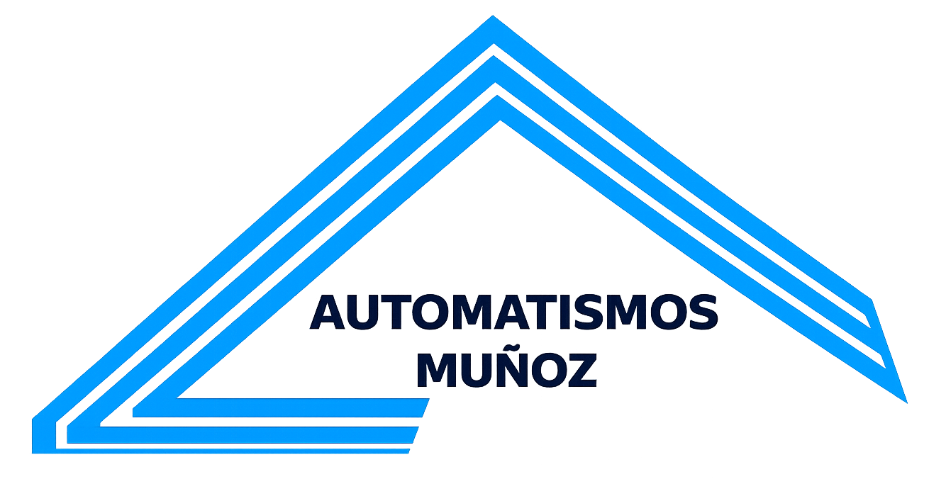 Logo azul y negro de AUTOMATISMOS MU&Ntilde;OZ con l&iacute;neas geom&eacute;tricas en forma de techo