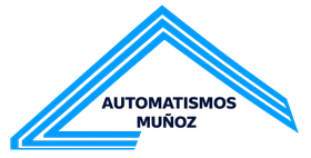 Logo azul y negro de AUTOMATISMOS MU&Ntilde;OZ con l&iacute;neas geom&eacute;tricas en forma de techo