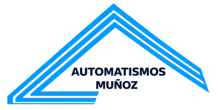 Logo azul y negro de AUTOMATISMOS MU&Ntilde;OZ con l&iacute;neas geom&eacute;tricas en forma de techo