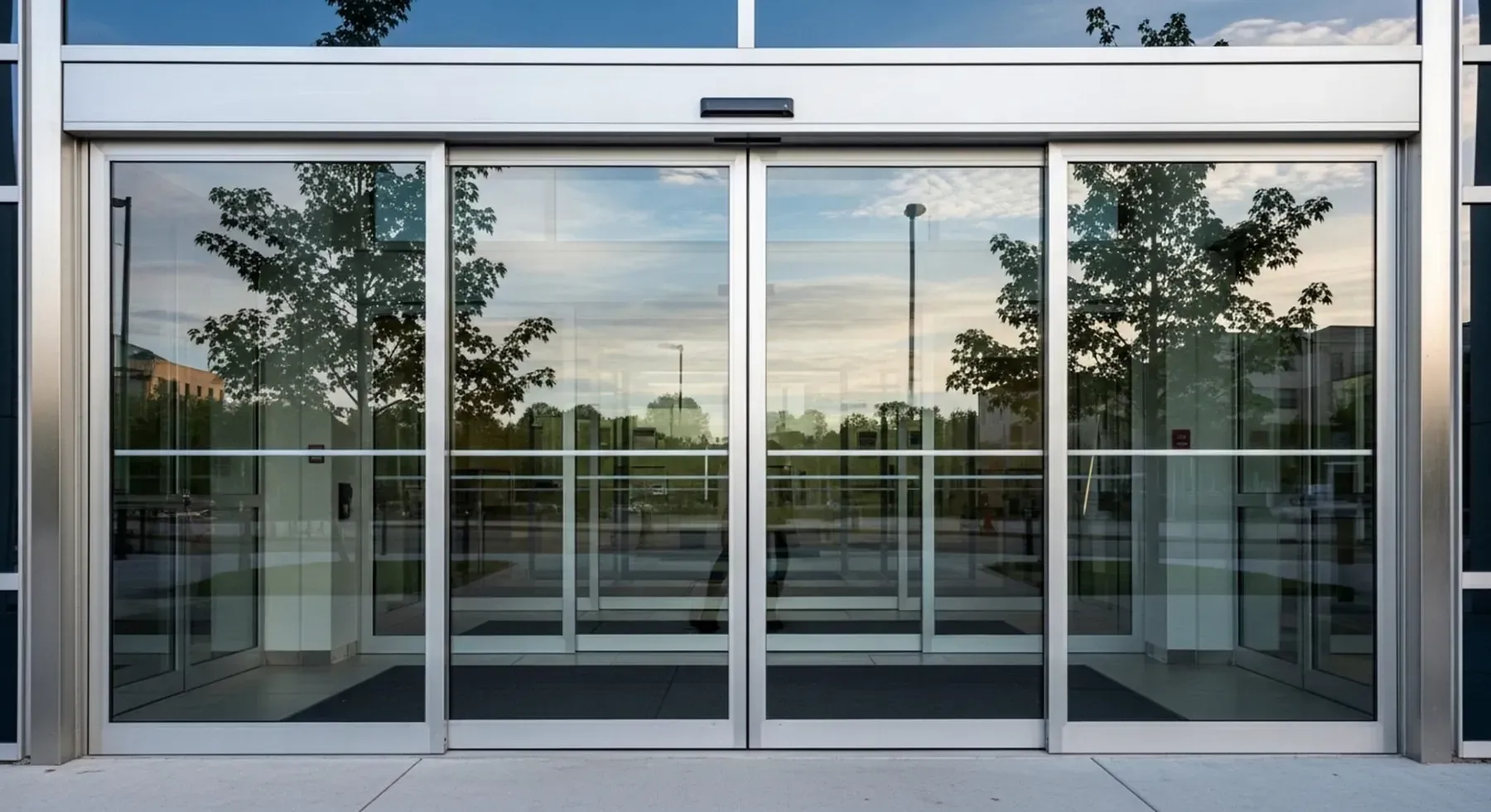 Puertas correderas automáticas de cristal en la entrada de un edificio moderno que reflejan los árboles y el cielo.