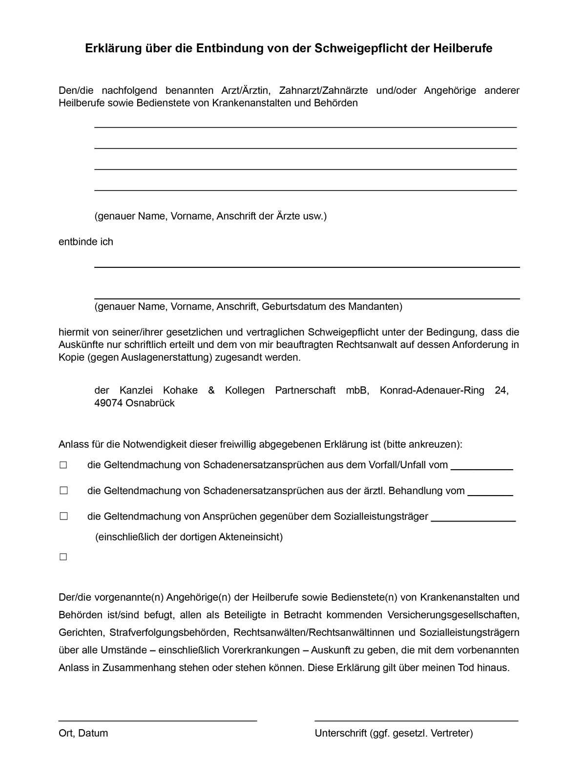 Formular mit dem Titel „Erläuterung der Pflichten des Helfers“. Textfelder, Kontrollkästchen und eine Unterschriftenzeile.