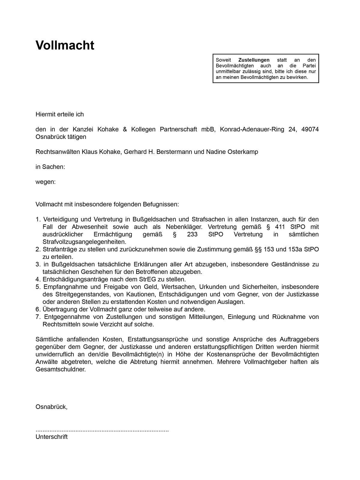 Deutschsprachiges Rechtsdokument: Vollmacht mit Text, Feldern und Siegel.