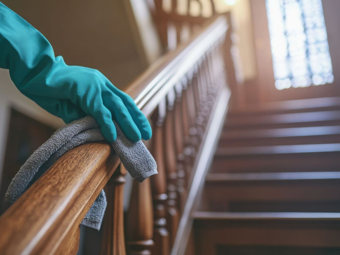 Une main tenant une lingette pour nettoyer une rampe d'escalier