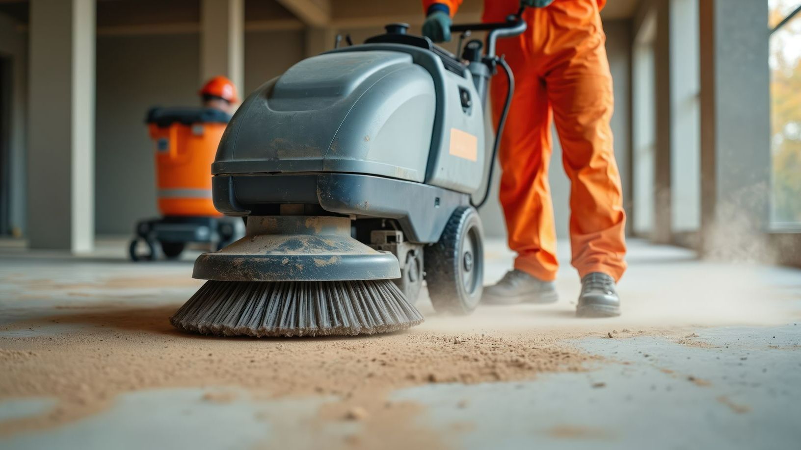 Un agent de nettoyage en tenue orange nettoyant la poussière avec un aspirateur industriel