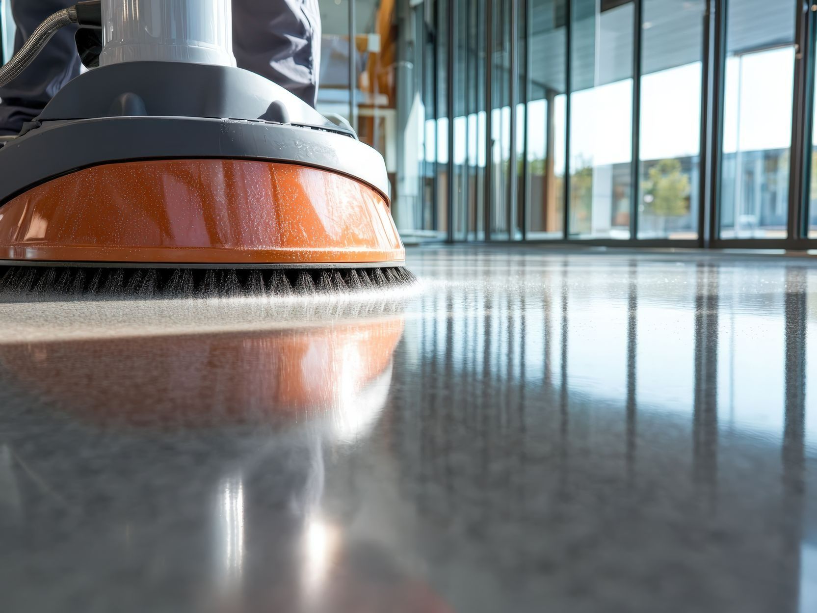 Une personne nettoie une surface de sol à l'aide d'une machine