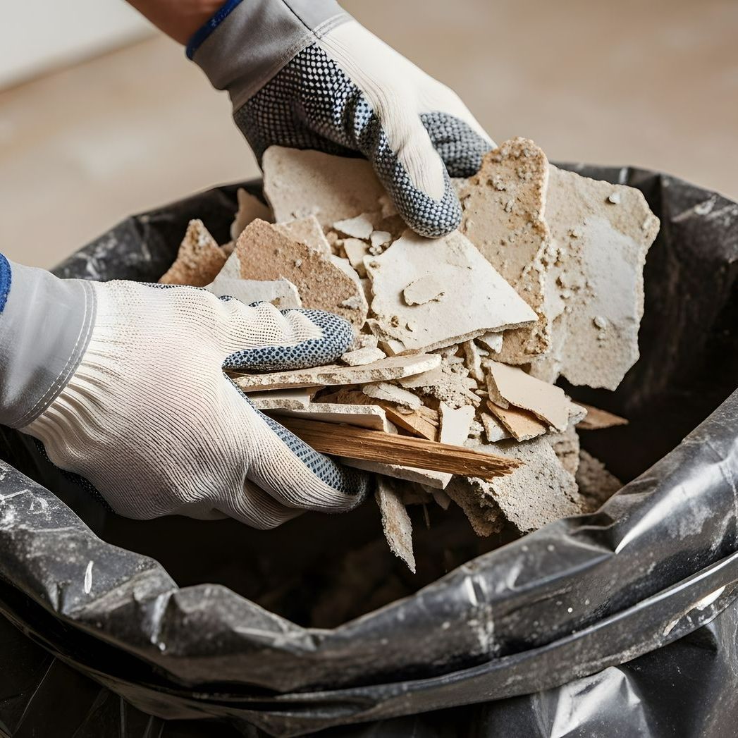 Pose de débris dans un sac poubelle
