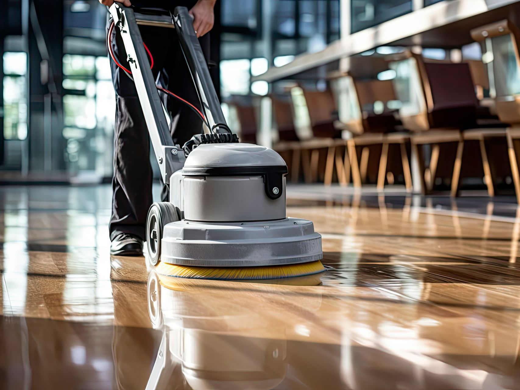 Agent de propreté nettoyant le sol avec une machine de professionnel