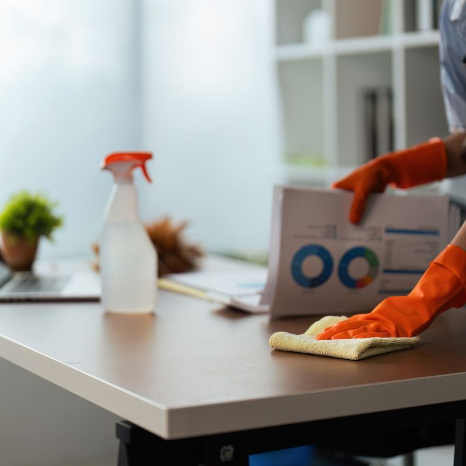 Une femme avec des gants orange nettoyant un bureau à l'aide d'une lingette