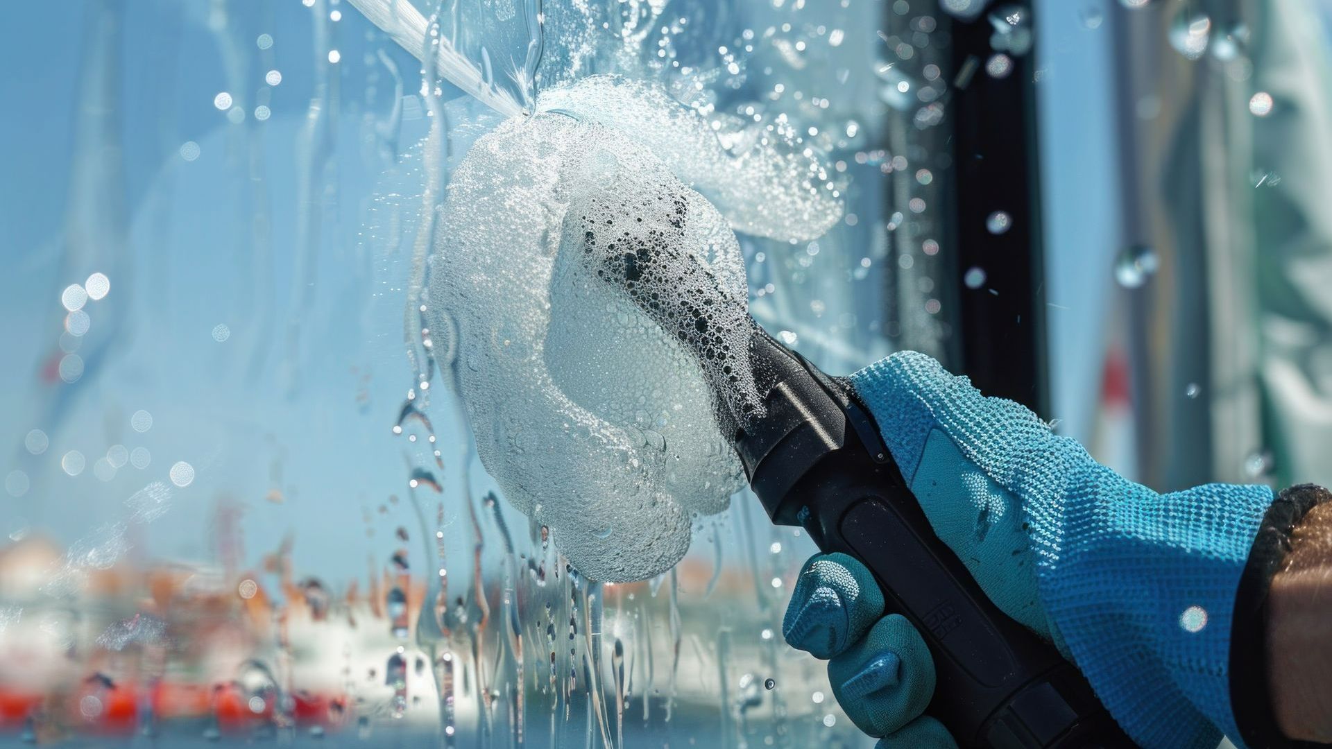 Nettoyage d'une vitre avec un équipement alimenté par de l'eau et du savon