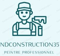 Logo du peintre : contours d'une personne en salopette et chapeau avec rouleau à peinture, texte