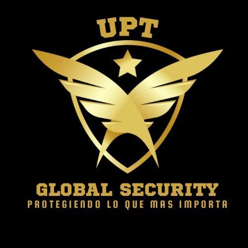 Logotipo dorado: UPT Global Security, con escudo alado y estrella, sobre fondo negro. "Protegiendo lo que más importa".