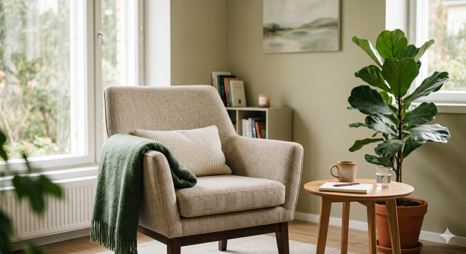 Viihtyisä ja rauhallinen terapiahuone Turun Fysiokulmalla – nojatuoli odottamassa asiakasta.