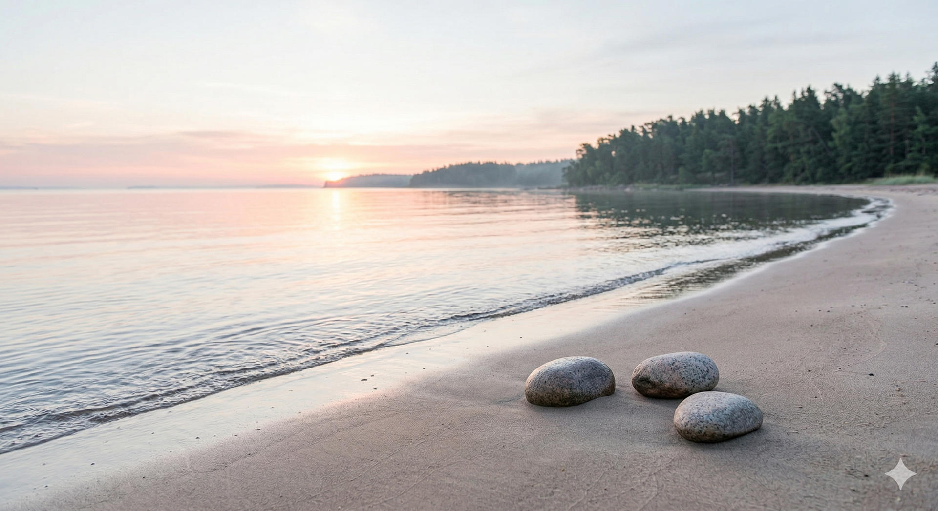 Levollinen järvenranta ja kolme kiveä hiekalla auringonlaskun aikaan – psykoterapia ja mielen tasapa