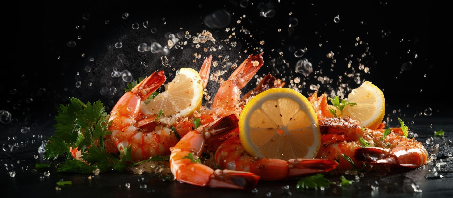 Crevettes avec tranches de citron et branches de persil sur fond noir