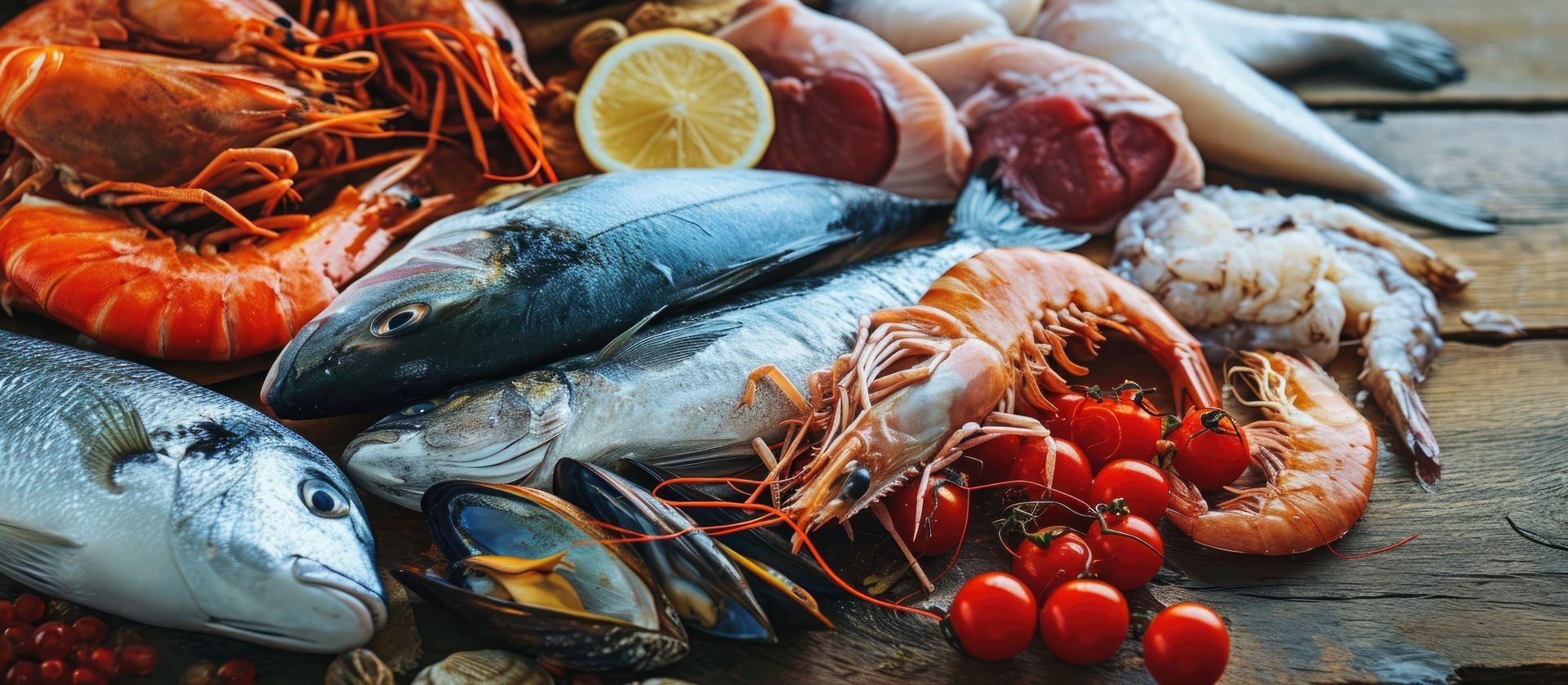 Poisson, gambas et fruits de mer sur une planche en bois