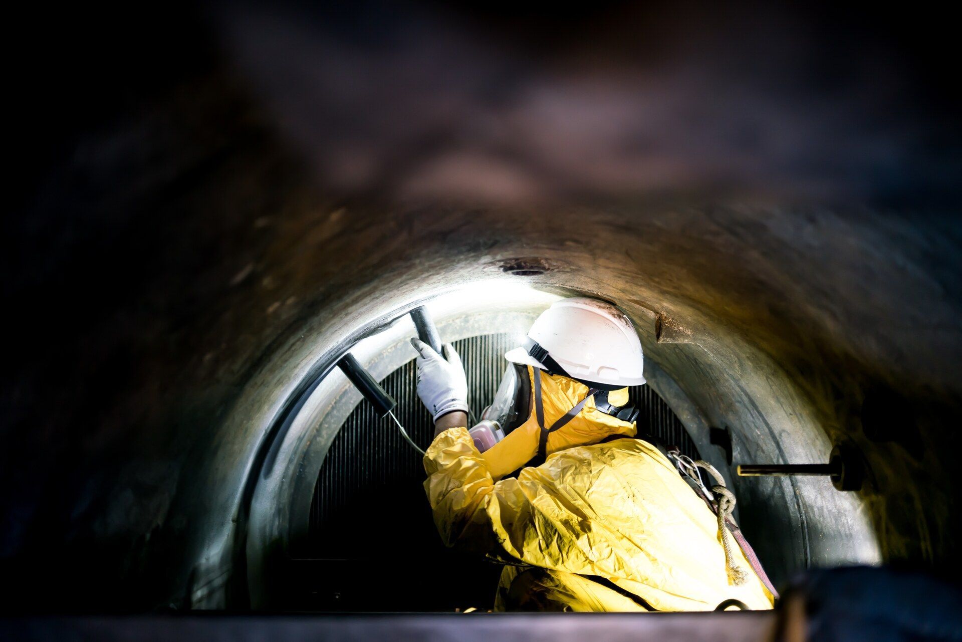 Ein Mann im gelben Anzug arbeitet in einem Tunnel, Bröcking Umweltdienste GmbH