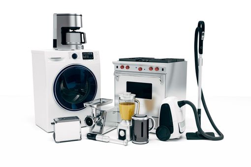 Plusieurs appareils électroménagers : cafetière, machine à laver le linge, aspirateur, grille-pain, etc. sur fond blanc