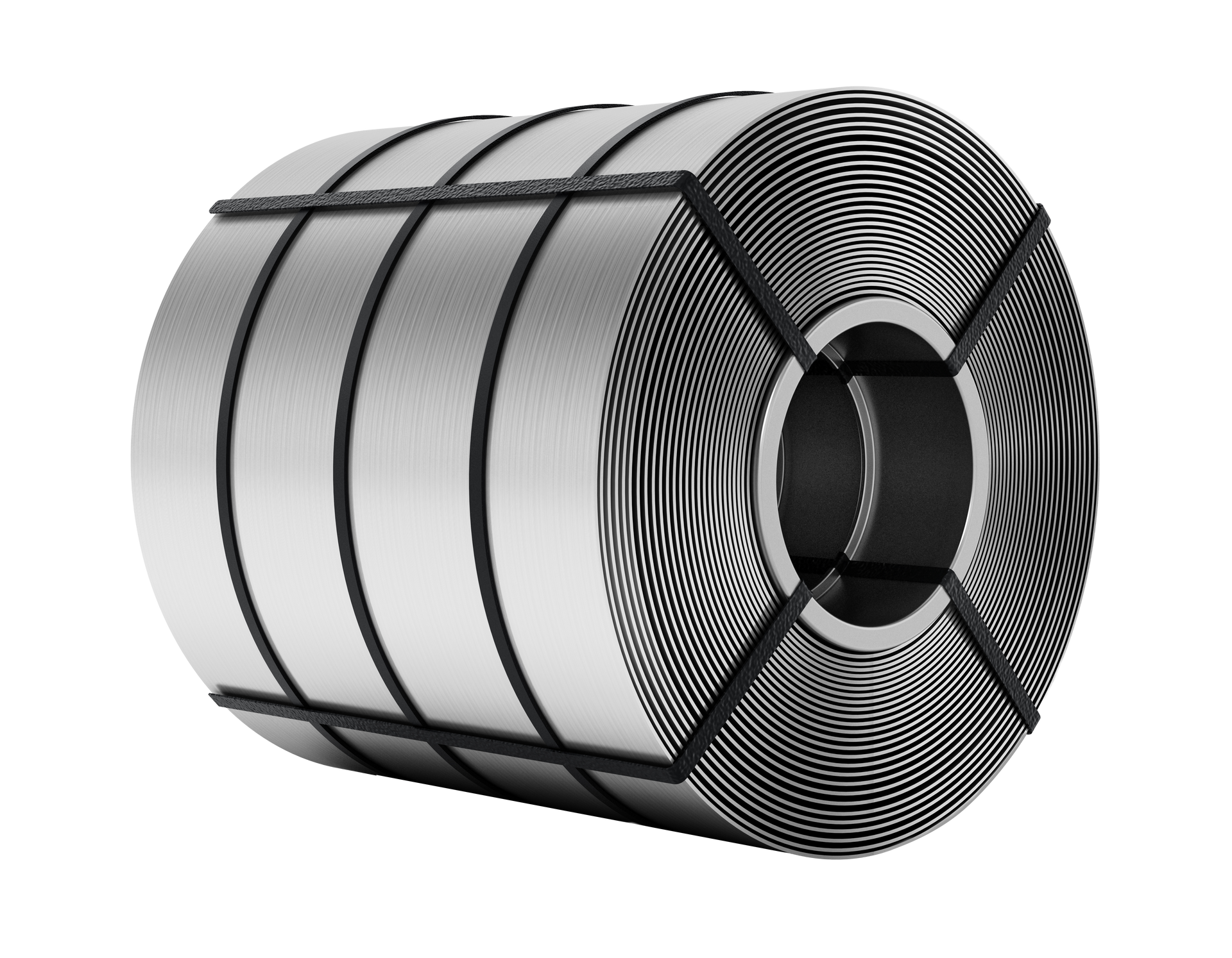 Bobine d'acier, entourée de sangles noires, sur fond blanc.