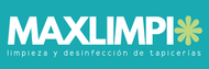 MAXLIMPI logo in white on turquoise with a yellow flower icon; &ldquo;Limpieza y desinfecci&oacute;n de tapicer&iacute;as&rdquo; text below