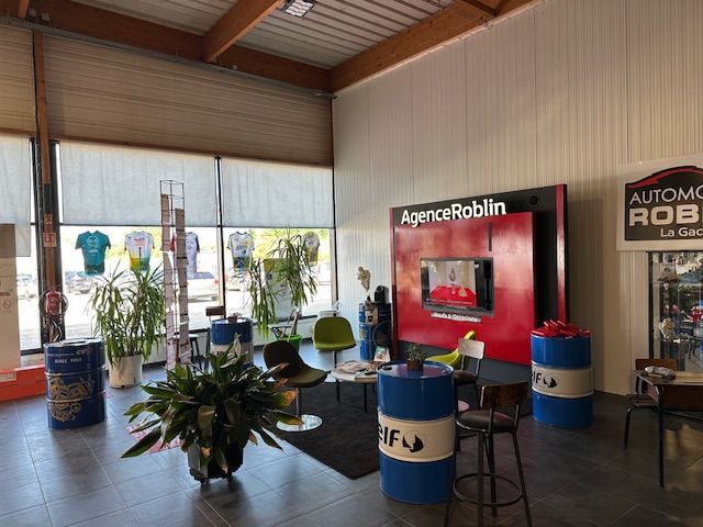 Intérieur d'un magasin de pneus avec des pneus Michelin exposés, un coin salon et une plante en pot.