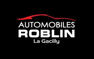 Logo du concessionnaire Automobiles Roblin à La Gacilly. Il présente une silhouette de voiture rouge sur fond noir, avec du texte blanc.
