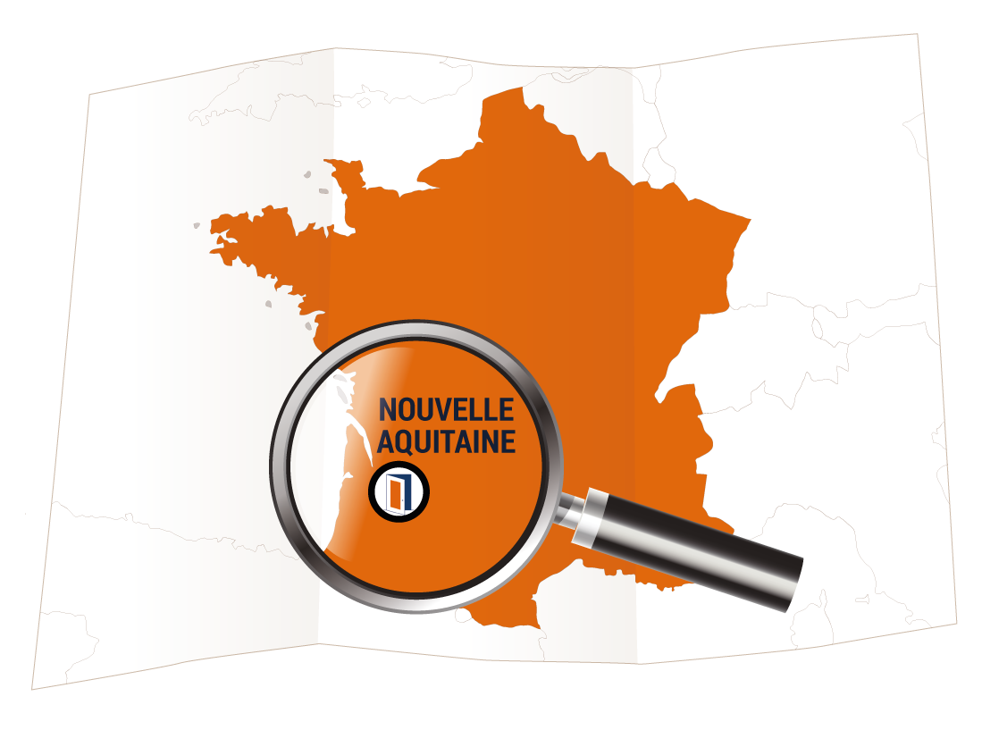 Carte stylisée avec une loupe sur la région Nouvelle-Aquitaine