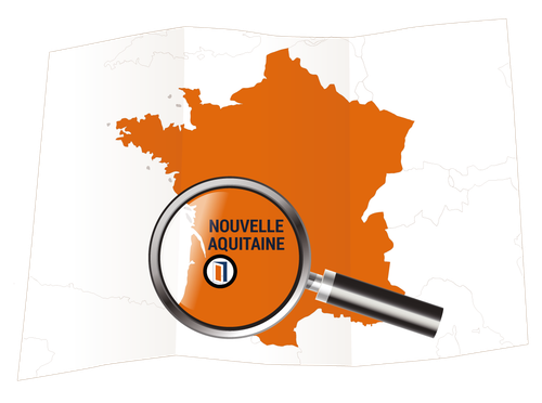 Carte stylisée avec une loupe sur la région Nouvelle-Aquitaine