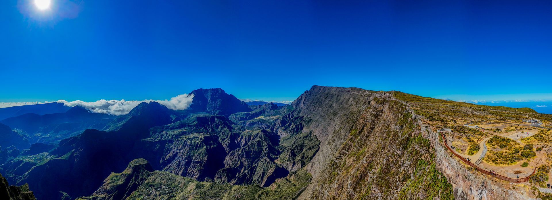 Crête montagneuse panoramique sous un ciel bleu limpide, avec des vallées et des pentes verdoyantes.