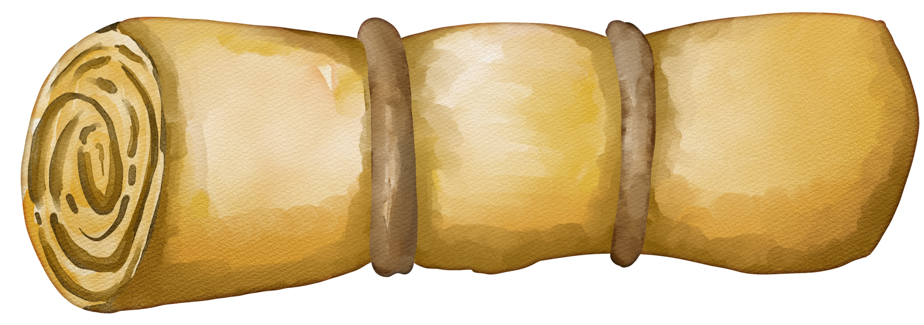 Sac de couchage jaune enroulé et entouré d'une corde marron.