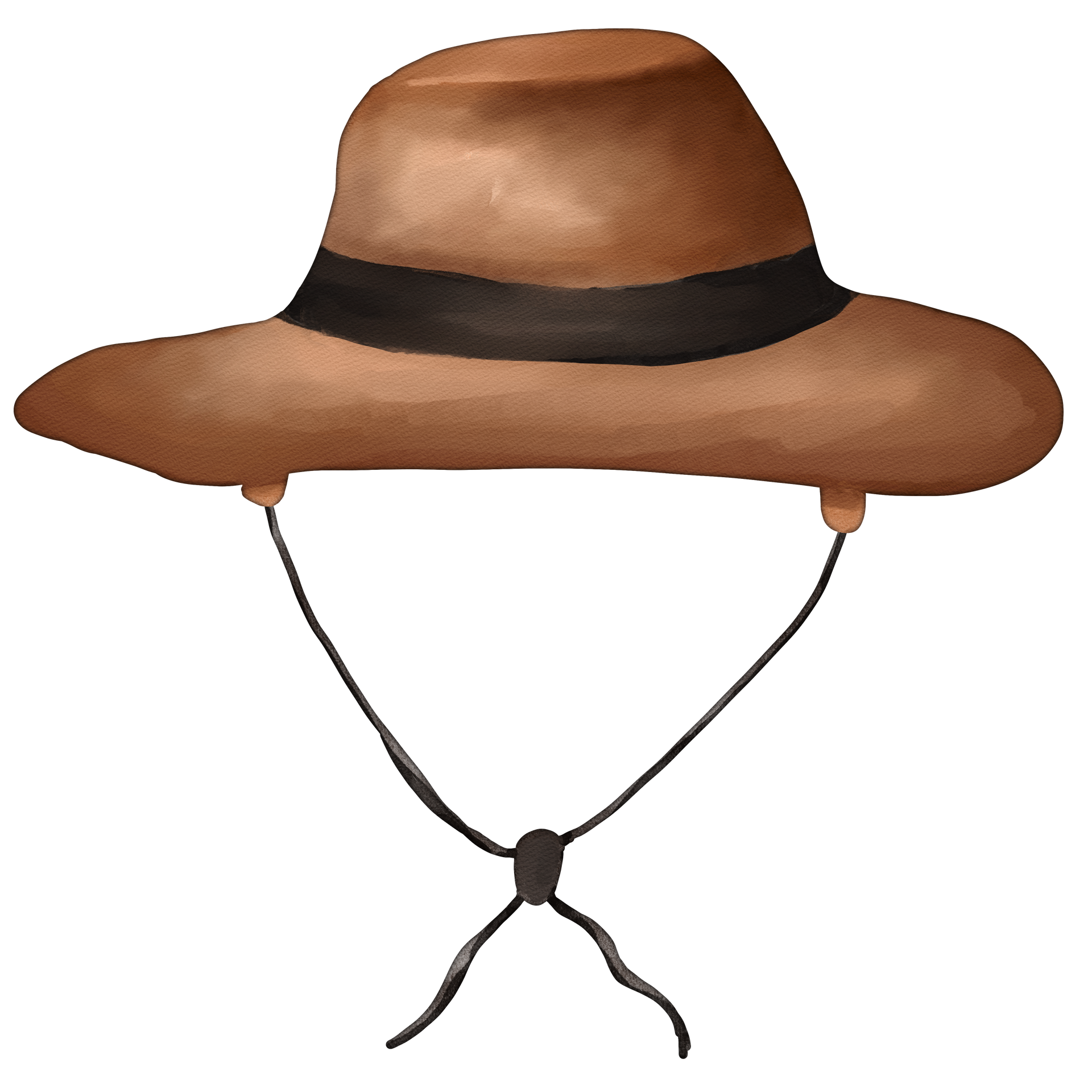 Chapeau marron à larges bords avec un bandeau et une jugulaire.