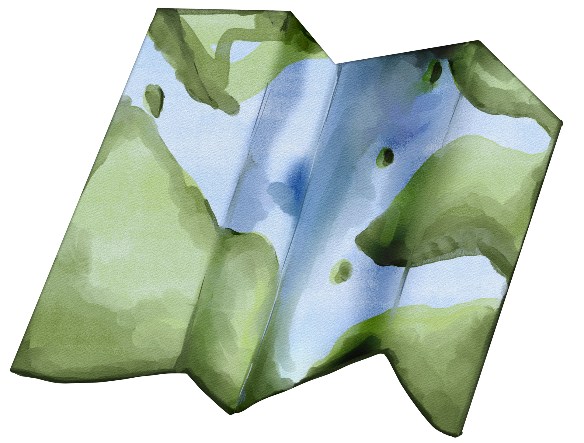 Une carte représentée sous forme d'aquarelle bleue et verte.