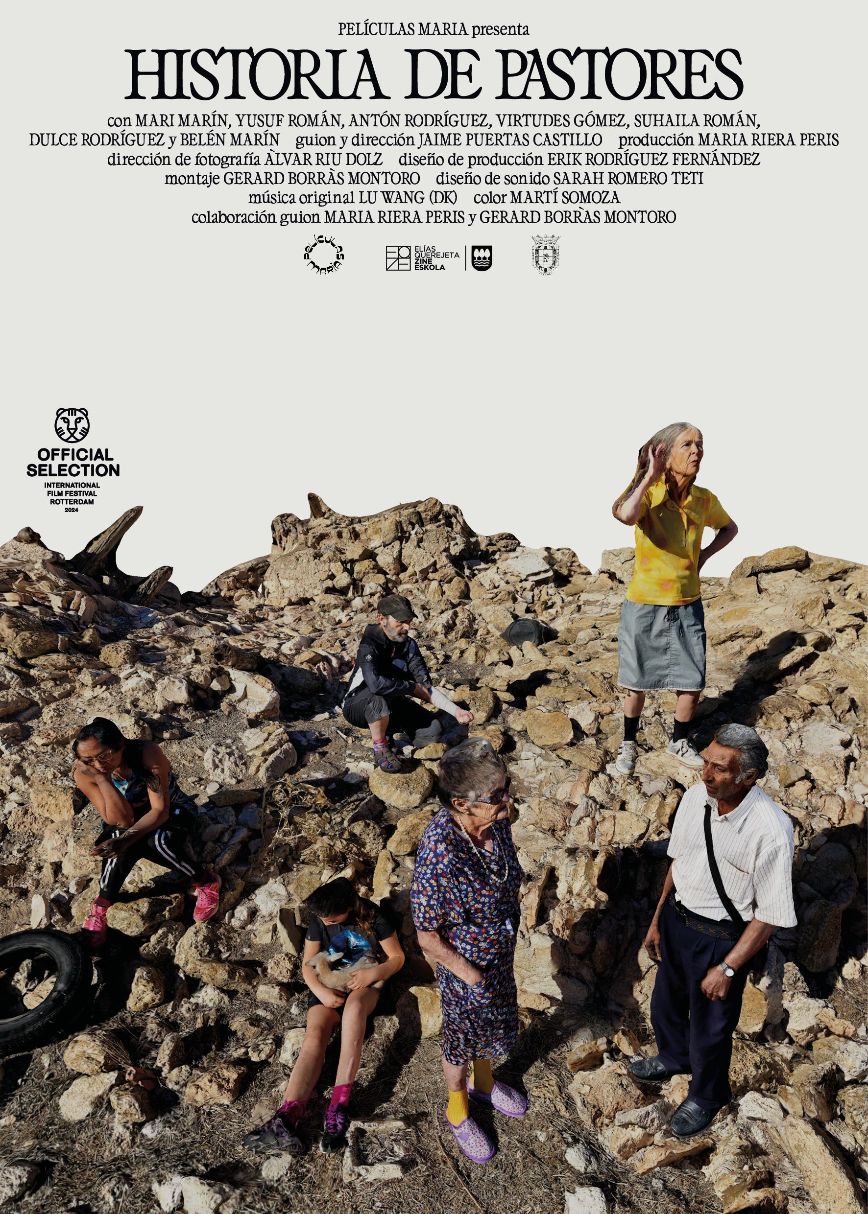 Cartel de la película: Personas en terreno rocoso, título 