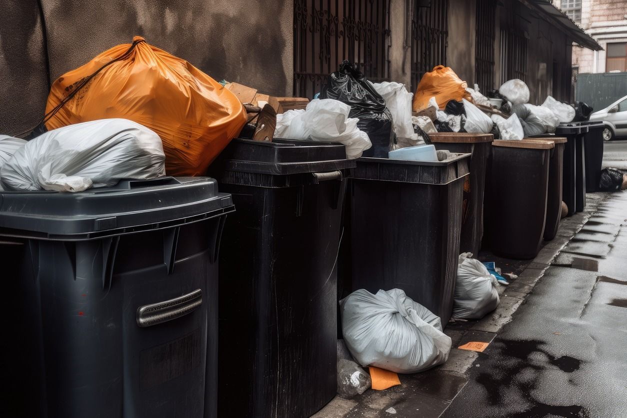 Un montón de botes de basura están alineados al costado de la carretera.