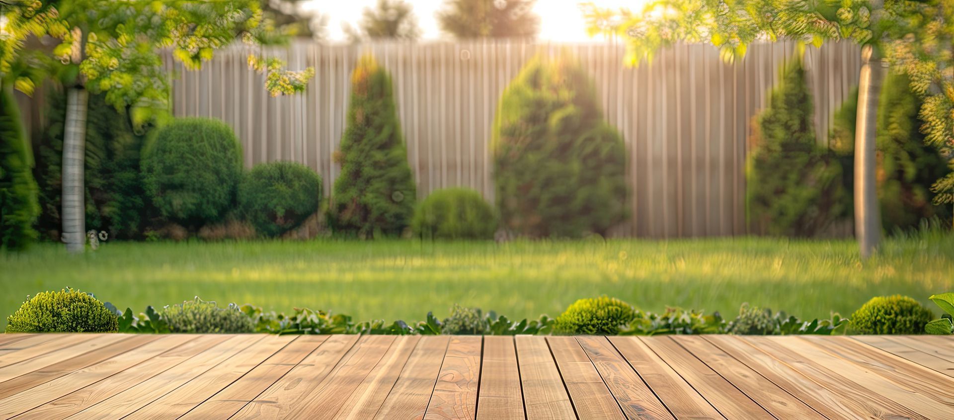 Terrasse bois, pelouse et arbustes