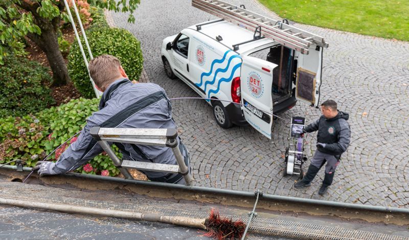 Zwei Männer arbeiten an einer Dachrinne neben einem Lieferwagen.