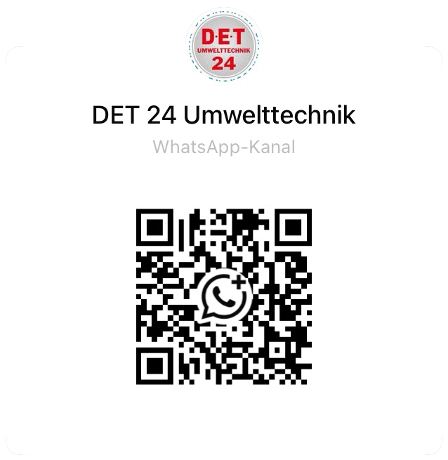 QR-Code für den WhatsApp-Kanal von DET 24 Umwelttechnik mit einem zentralen WhatsApp-Symbol und dem Firmenlogo darüber.