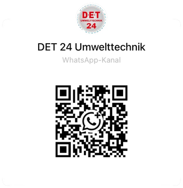 QR-Code für den WhatsApp-Kanal von DET 24 Umwelttechnik mit einem zentralen WhatsApp-Symbol und dem Firmenlogo darüber.